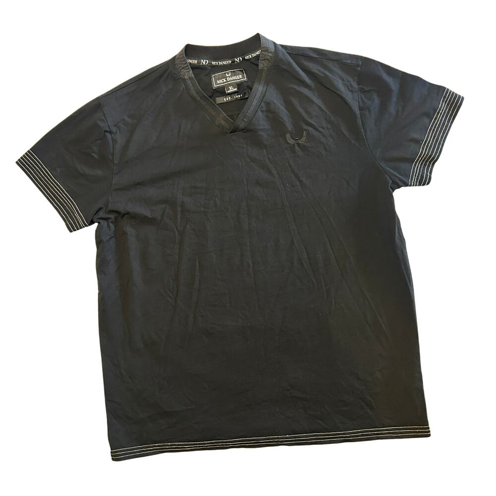 Nick Danger Men's XL Black V-Neck T-Shirt Flex Stretch Logo Tee Streetwear